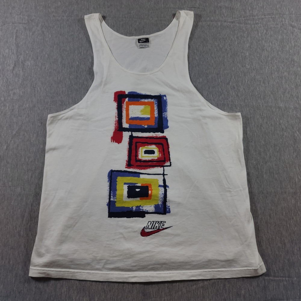 Nike Mens Large Vintage 90s Abstract Graphic Tank Top 100 Cotton USA Made Retro